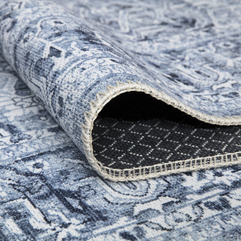 Bloom Rugs Washable Non-Slip Rug - Ivory / Denim Blue Traditional Medallion Area Rug for Living Room, Bedroom, Dining Room, and Kitchen
