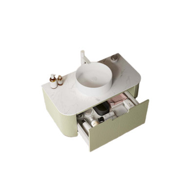 Meuble-lavabo flottant mural moderne de 36 pouces avec bords arrondis, armoire de rangement rayée, lavabo rond en céramique et tiroir à fermeture en douceur