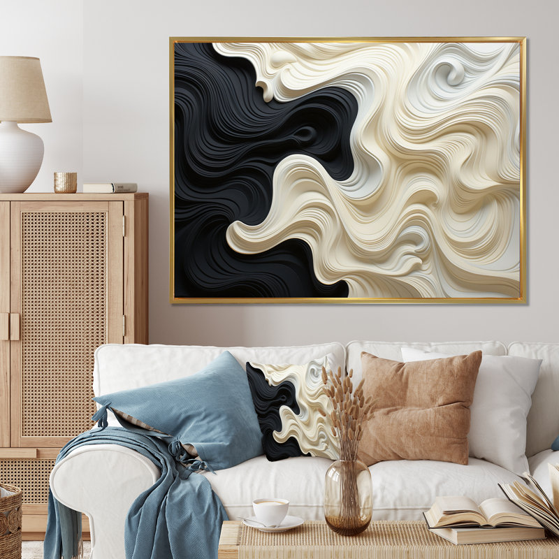 Black White Opt Contrasting Waves On Canvas Print, Floater Framed Print, 16" H x 32" W, Gold