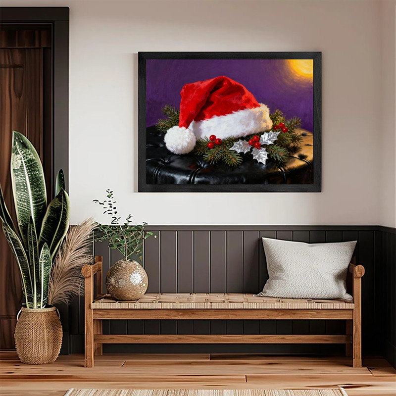 Reproduction d'art encadré noir, nature morte, chapeau de père Noël rétro, H 13 po x l 17 po