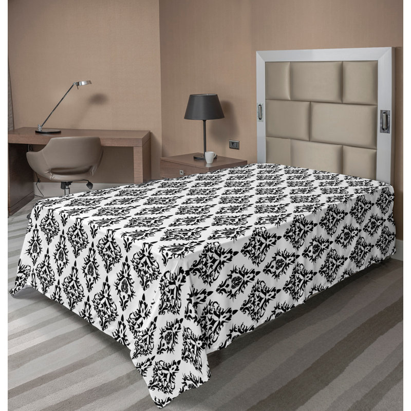 Ambesonne Top Flat Sheet Curving Art, Black White Damask, Twin XL Flat Sheet