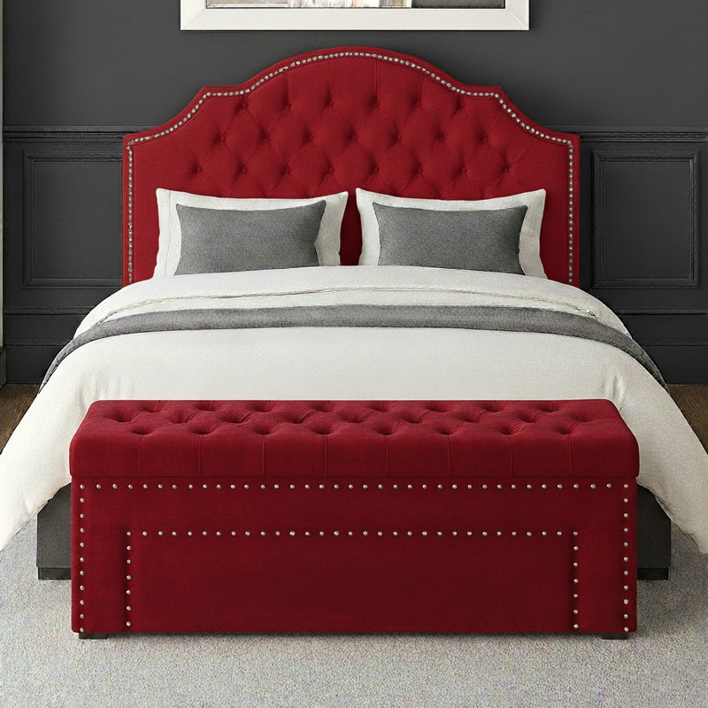 Duke Ottoman Storage Box - Chesterfield Upholstered Blanket Box - Plush Velvet Ottoman Bench with Storage, Claret Red