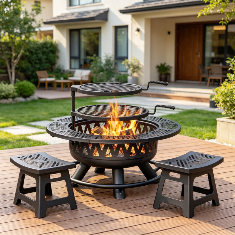 36" 3-in-1 Fire Pit Table with 2 Grills Lid, 17.13" H x 36" W x 36" D