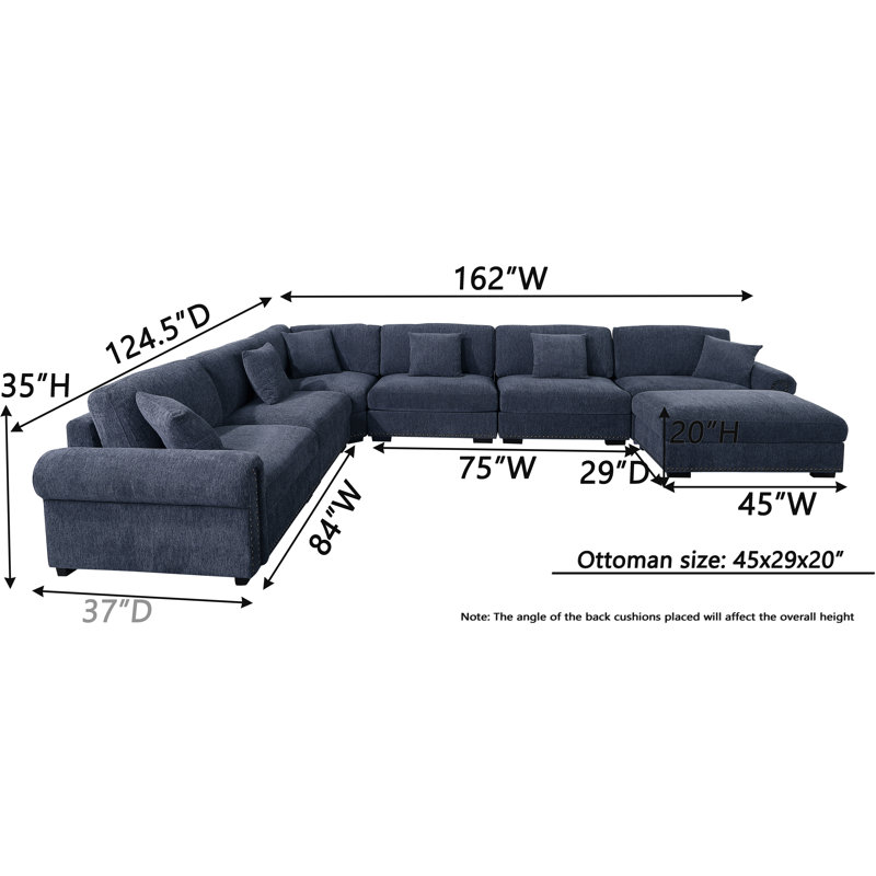 Errett Upholstered 7-Seats Cloud Corner Sectional Sofa, Dark Blue Polyester