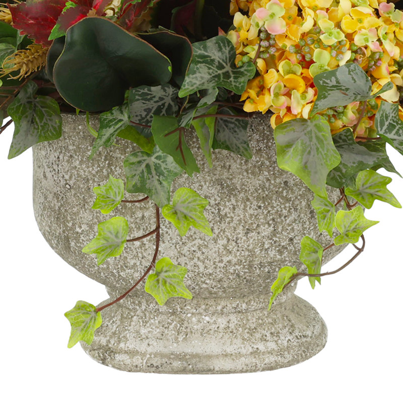 Delphinium, Roses And Hydrangea Arrangement In Gray Stone Planter