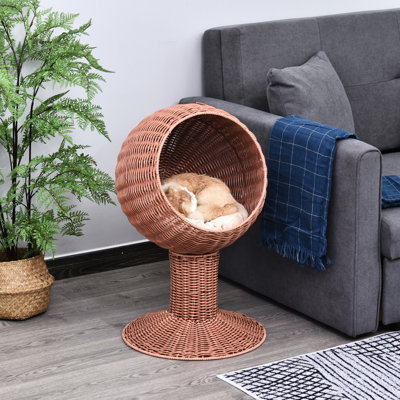 Brown Cat Bed With Rotatable Egg Chair Pod And Fluffy Cushion, Natural Mat Grass Woven Elevated Comfy