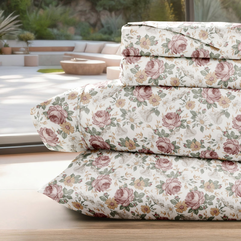 Ensemble de draps en microfibre à motif floral 4 pièces, Grand, Blanc / vert / rose