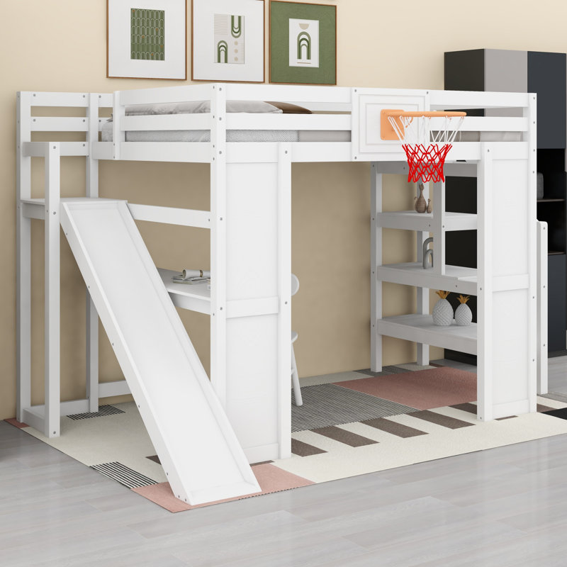 Lit mezzanine multifonctionnel avec bureau et panier de basketball, Blanc
