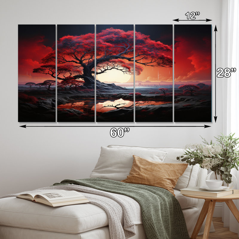 «Red Tree Silhouette Symphony I» sur toile, reproduction de 5 pièces