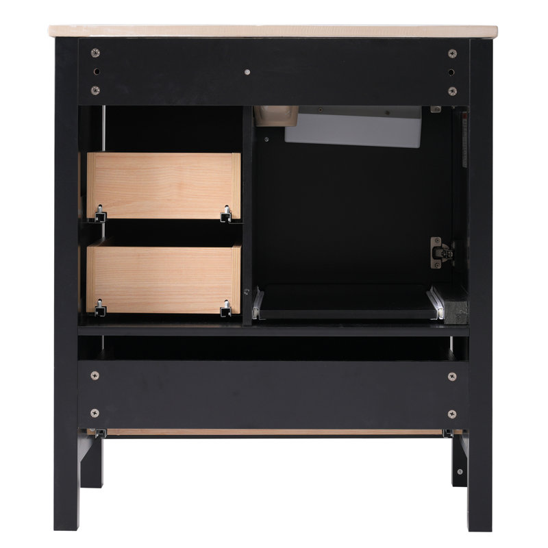 Ensemble de meuble-lavabo autoportant de 30 po avec lavabo, armoire de rangement avec porte à fermeture en douceur, 3 tiroirs à fermeture en douceur et plateau amovible, structure en bois massif,