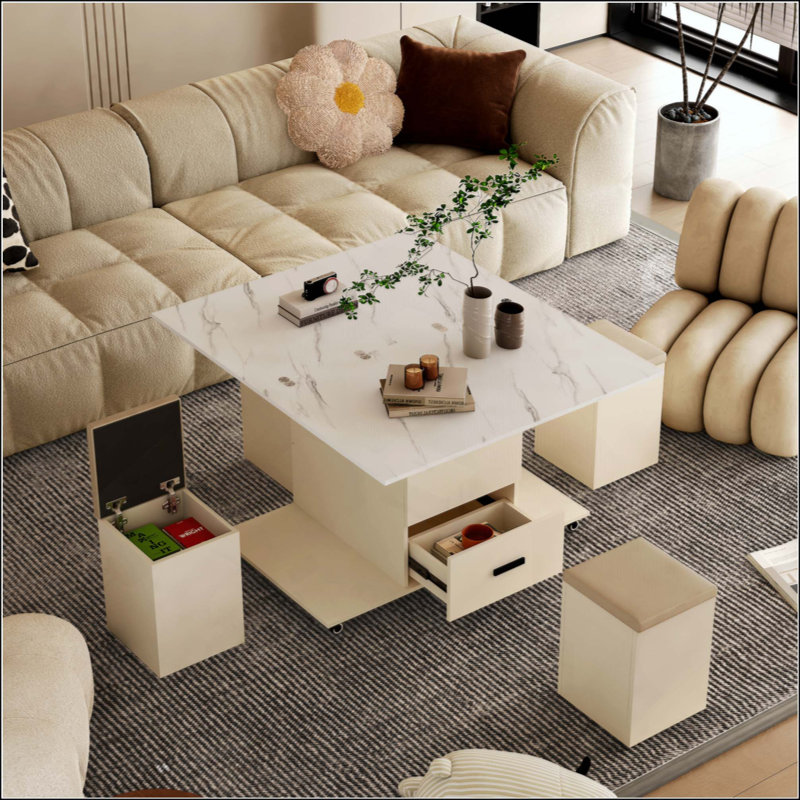 Table basse relevable moderne avec 2 tabourets pour le salon, rangement dissimulé et tiroirs, table de salle à manger pliante et peu encombrante