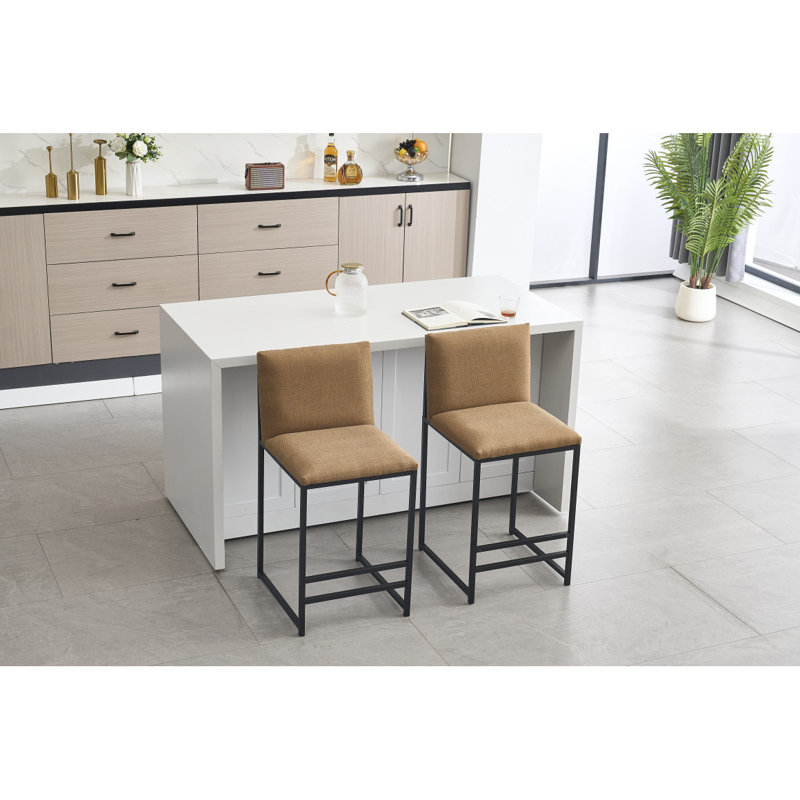 Counter Height Bar Stools Set Of 2, Upholstered Linen Bar Chairs, Metal Footrest And Frame For Kitchen,Dining Room,COFFEE