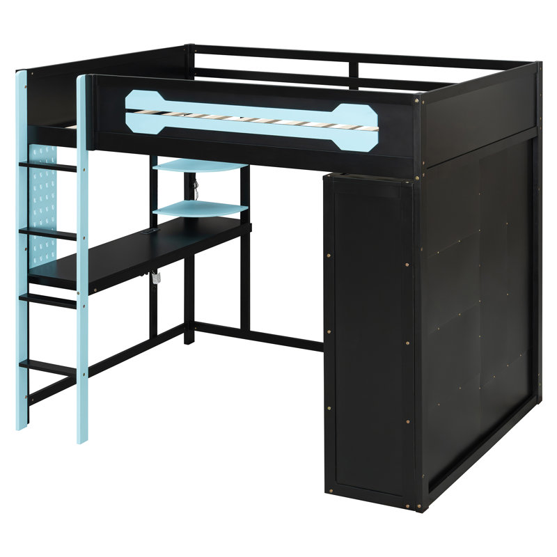 Lit mezzanine double en bois avec bureau, garde-robe ouverte et lumière RVB bleue