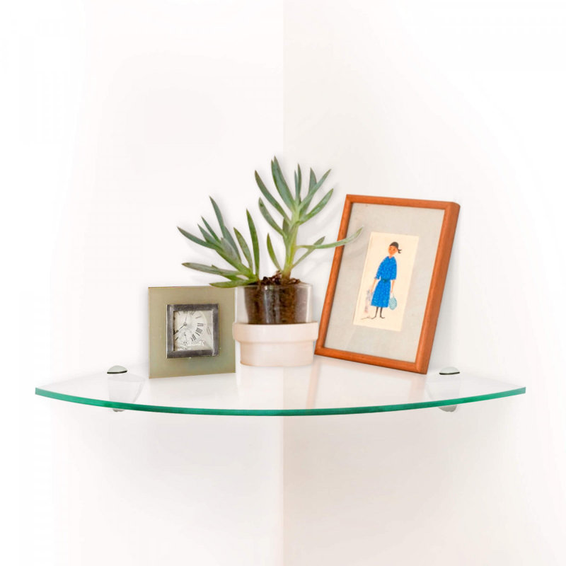 12" Clear Tempered Glass Floating Corner Shelf with Chrome Brackets