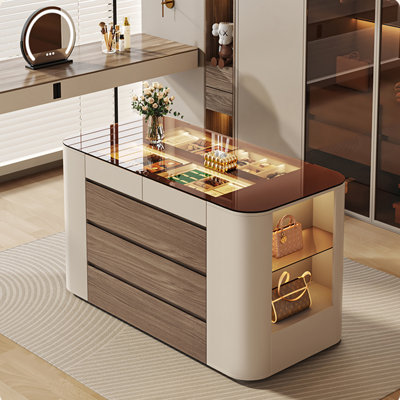 59.06" Minimalist Off-White Closet Jewelry Cabinet with Tempered Glass Top, LED Light & Storage for Bags & Jewelry