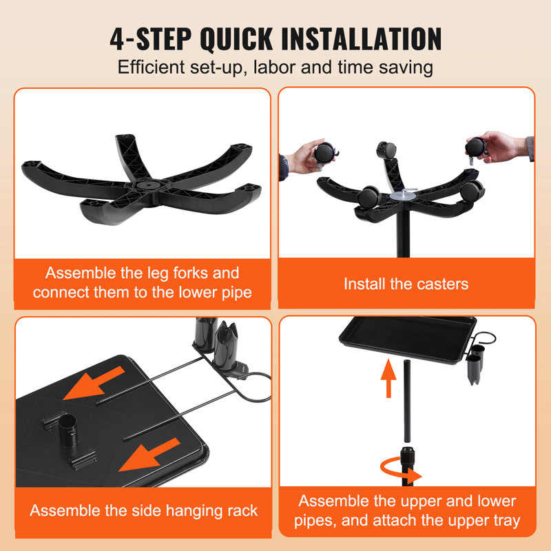 Black Adjustable Rolling Salon Tray Cart with Cold-Rolled Plate