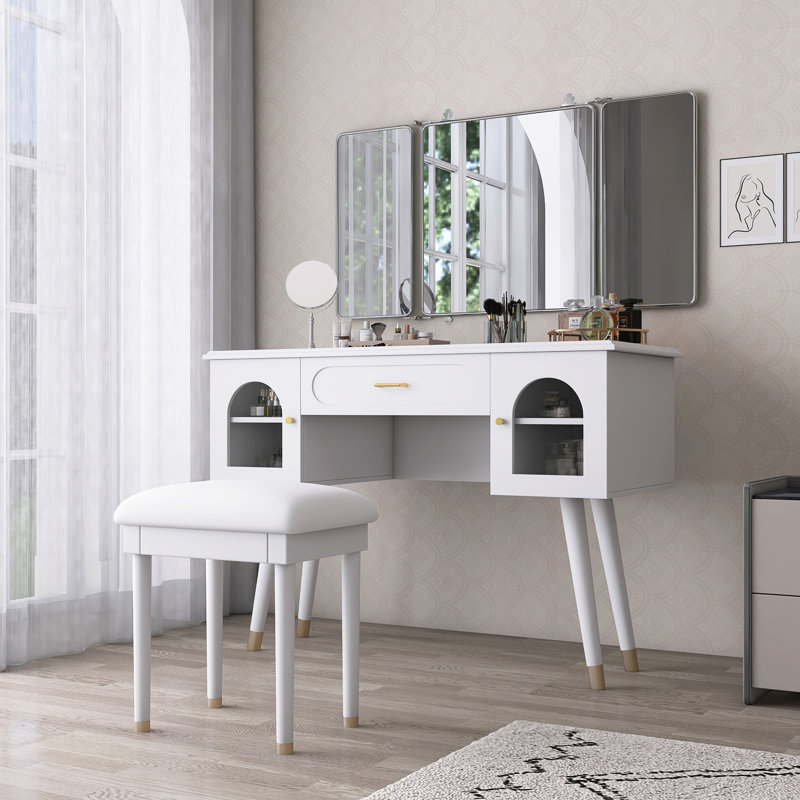 Elegant Vanity Makeup Table & Chair Set, White