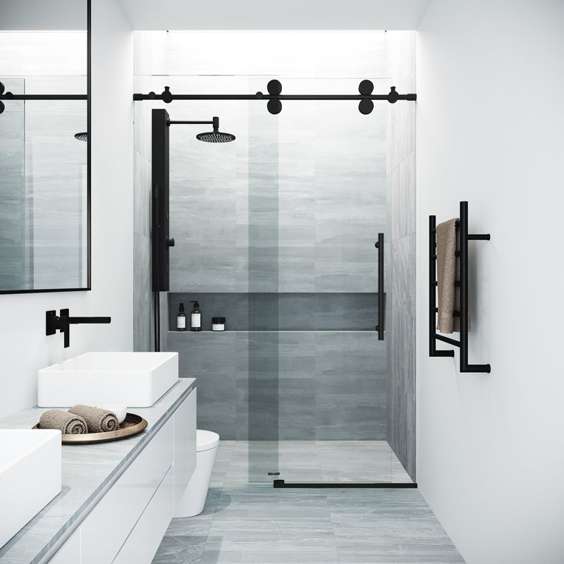 Elan 68-72" W x 74" H Sliding Frameless Shower Door with 3/8" Clear Glass, Matte Black
