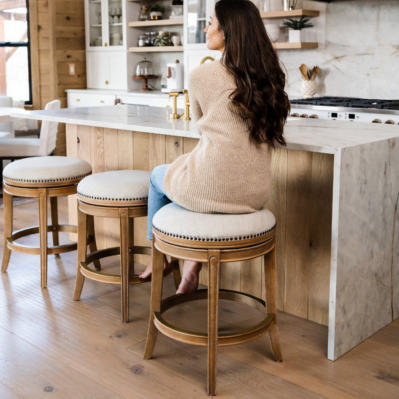 Maven Lane Alexander Backless Stool with Fabric Upholstery, Counter Stool (26” Seat Height), Weathered Oak