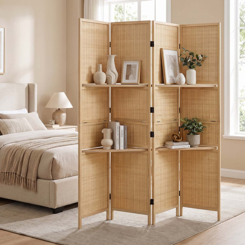 Cloison pliante en rotin à 4 panneaux, écran d'intimité tissé en bois autoportant, cloison de séparation avec / sans tablettes de présentation pour la chambre à coucher du salon