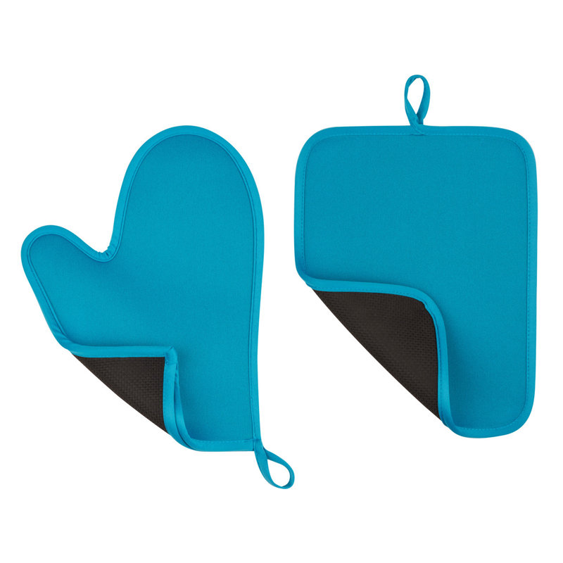 17 Stories Aimee-Mae Solid Colour Potholder & Oven Mitt Set, Blue