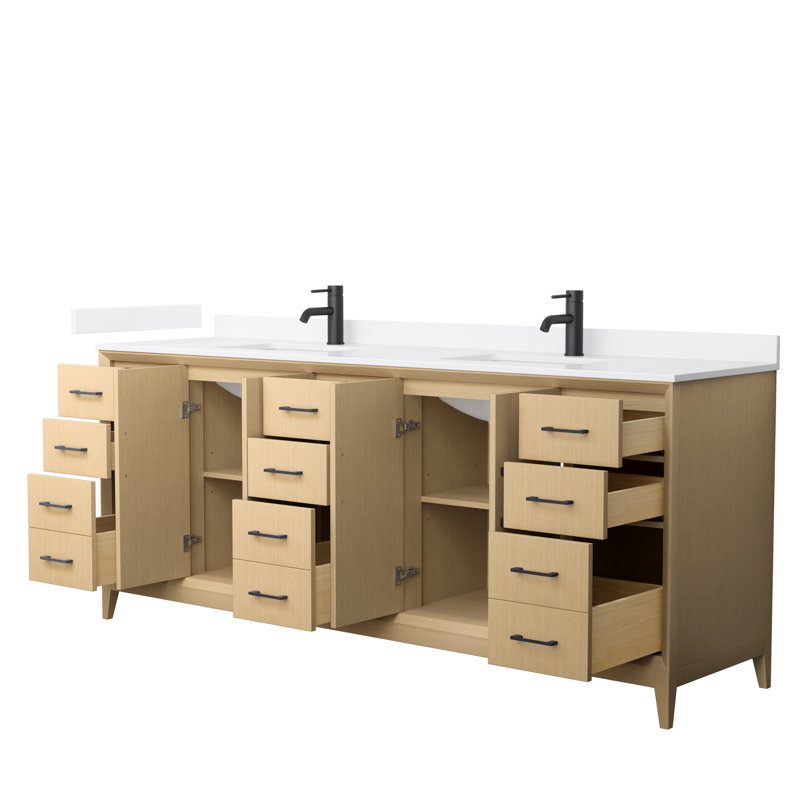 Janna 84" Freestanding Double Bathroom Vanity with Quartz Top, White Quartz, Single, Matte Black