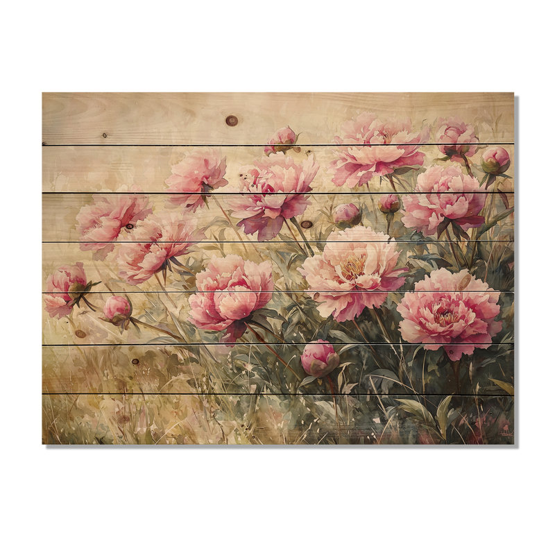 Peonies And The Summer Meadow III - Peonies Wood Wall Decor - On Natural Pine Wood, 10" H x 20" W x 0.78" D