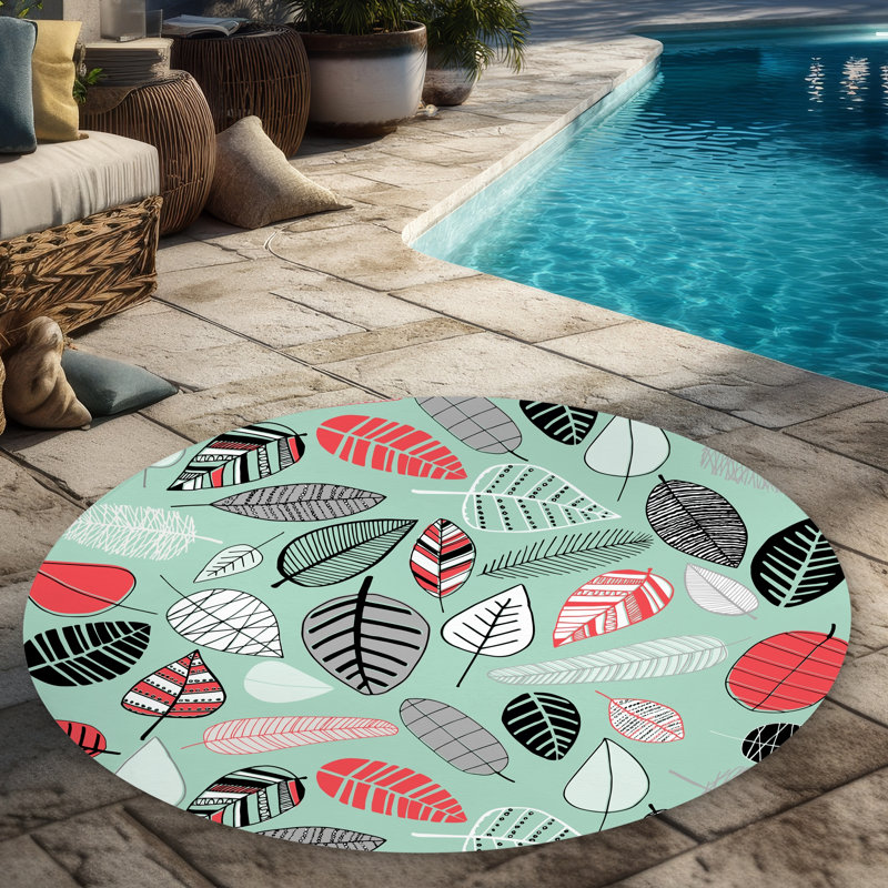 Turquoise Leaf Patterns - Round Outdoor Area Rug for Home Decor