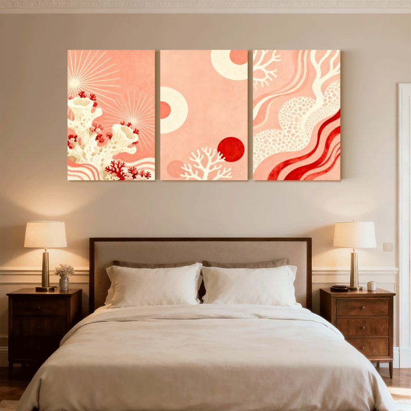Abstrait, corail, vagues, rayons de soleil, cercles, motifs, reflet, conception artistique, ensemble de 3 impressions sur toile