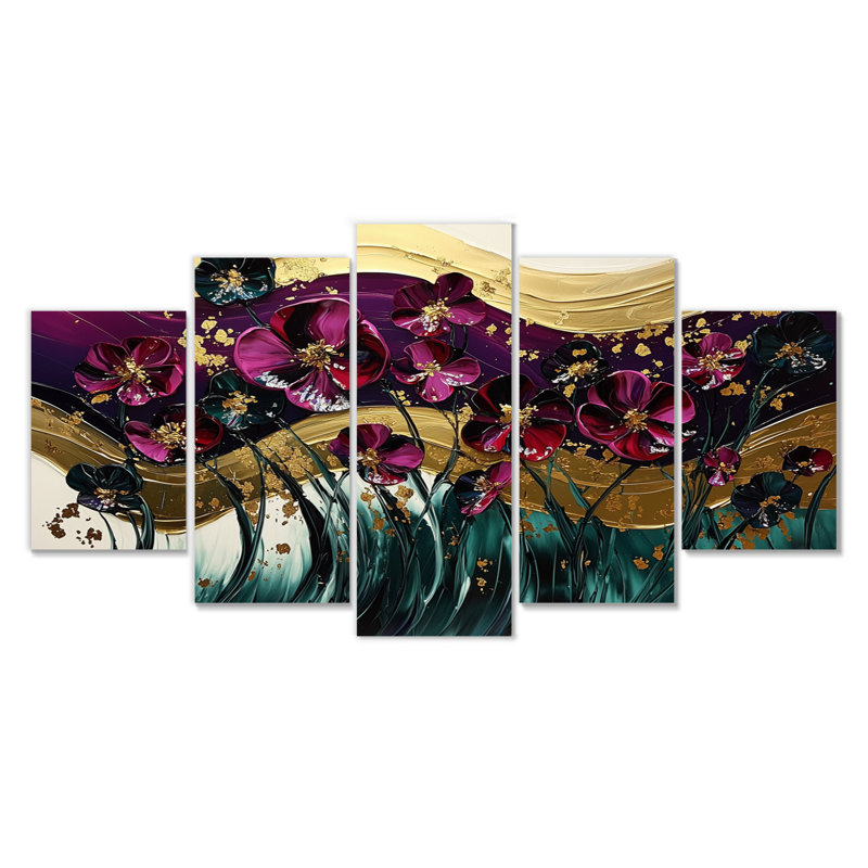 Danse parmi les champs de fleurs sauvages II - Art mural fleurs sauvages - Ensemble de 5 décorations murales traditionnelles