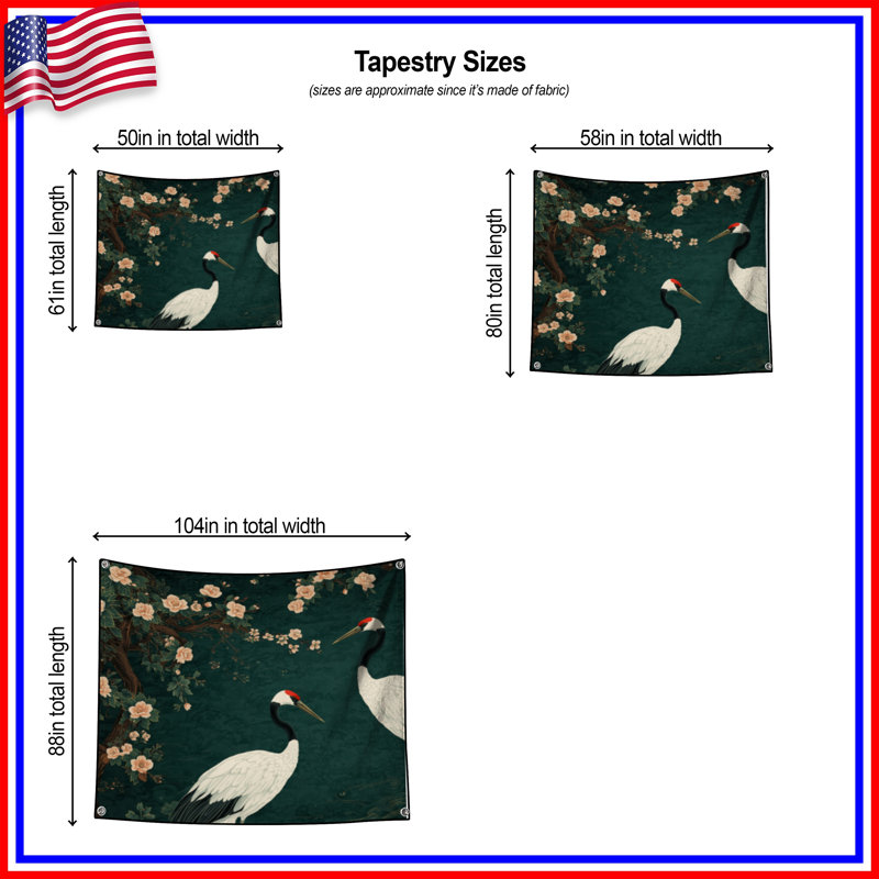 Tapisserie murale Cranes Koi Flowers - Décoration murale oiseaux, H 68 po x l 80 po avec 4 œillets