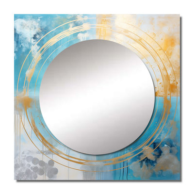 Divine Mandala Delicate Gold Gentle Turquoise - Boho Mandala Square Mirror Wall Decor For Bedroom