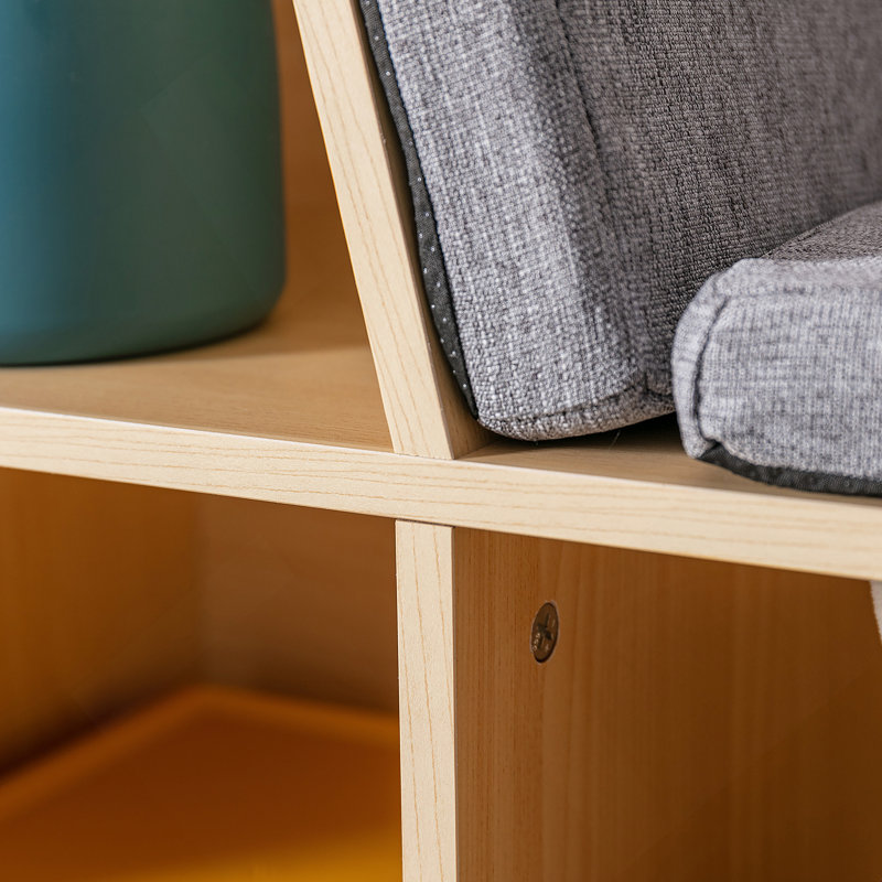 Bibliothèque pour 6 enfants avec coin lecture et coussin, rangement polyvalent pour chambre à coucher, Naturel