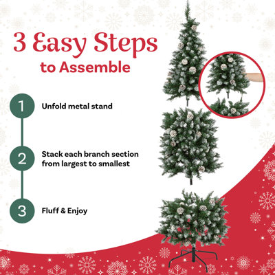 6Ft Prelit Christmas Tree With Upright Storage Bag - Flocked Artificial Spruce Pencil Tree With 250 LED Lights, 618 Frosted Branch Tips, Pinecones, And Stand - 3PC Christmas Decorations 