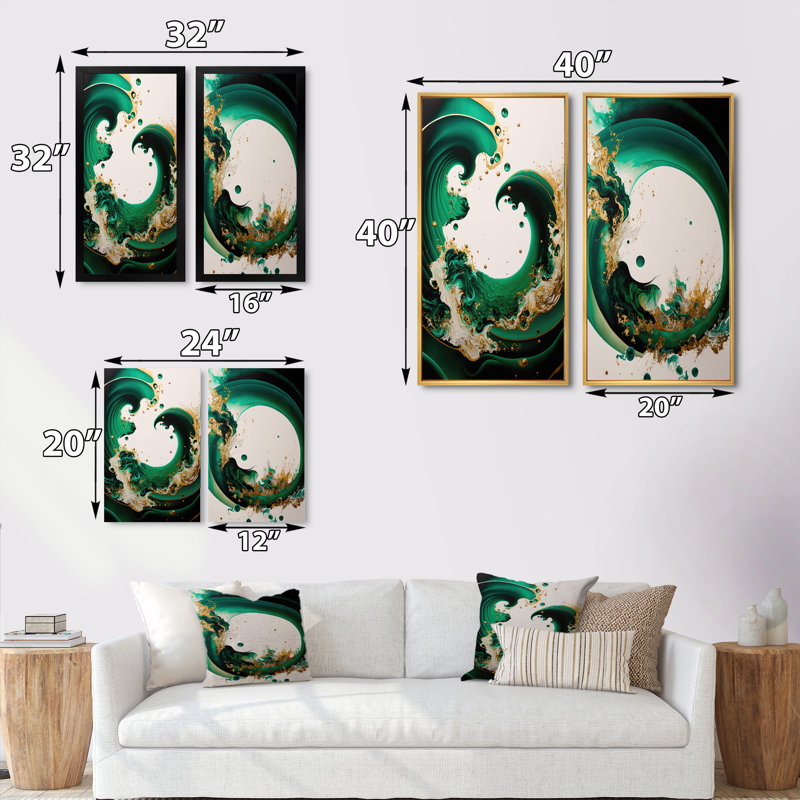 «Green Gold Abstract Waves», ensemble de 2 toiles - vert émeraude et vagues abstraites dorées I, Toile tendue