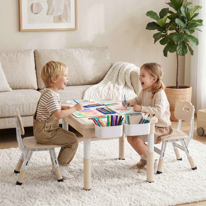 Kids Table & 2 Chairs Set, Height Adjustable Children Activity Table w/Storage, Graffiti & Building Blocks Tabletop, Toddler Furniture Set for Classroom, Daycare, Home
