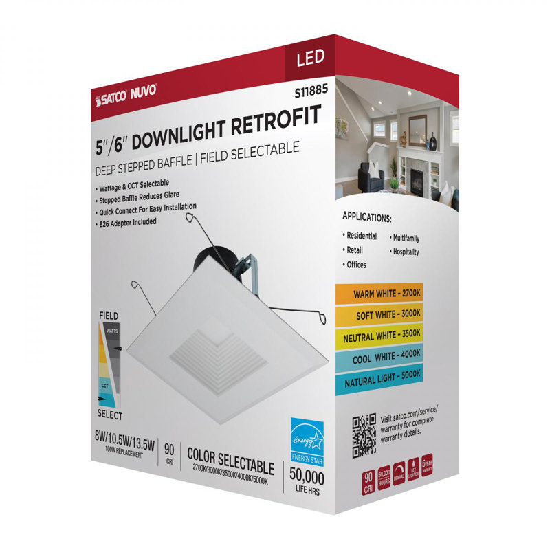 5" Square White Selectable CCT Dimmable LED Recessed Lighting Kit
