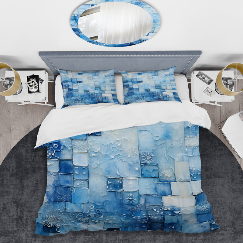 Blue and White Botanical Tiles V - Ensemble de housse de couette à carreaux abstraits