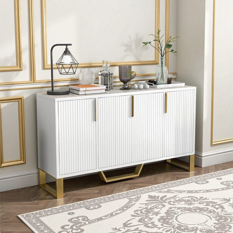 Armoire de cuisine moderne blanche à 4 portes avec poignées en métal et pieds dorés, tablettes réglables, Blanc
