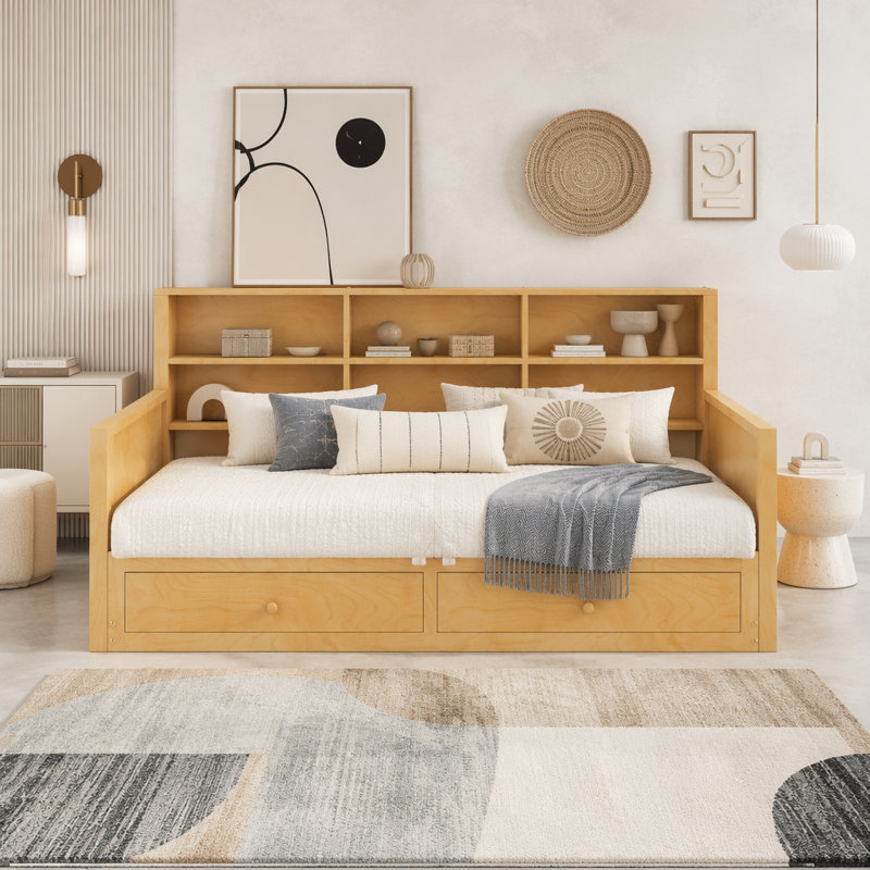 Lit de jour extensible avec tête de rangement, lumière DEL et station de charge, Naturel