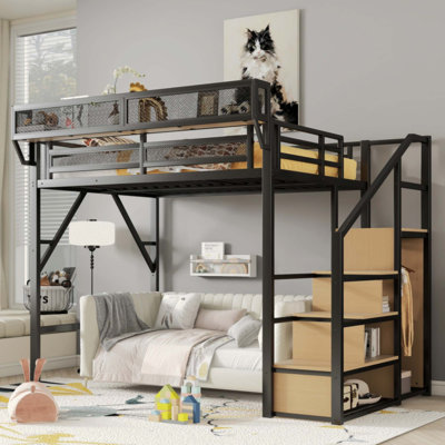 Lit mezzanine avec escalier, lit mezzanine en métal avec tablettes de rangement, lit mezzanine haut avec garde-robe pour enfants adolescents