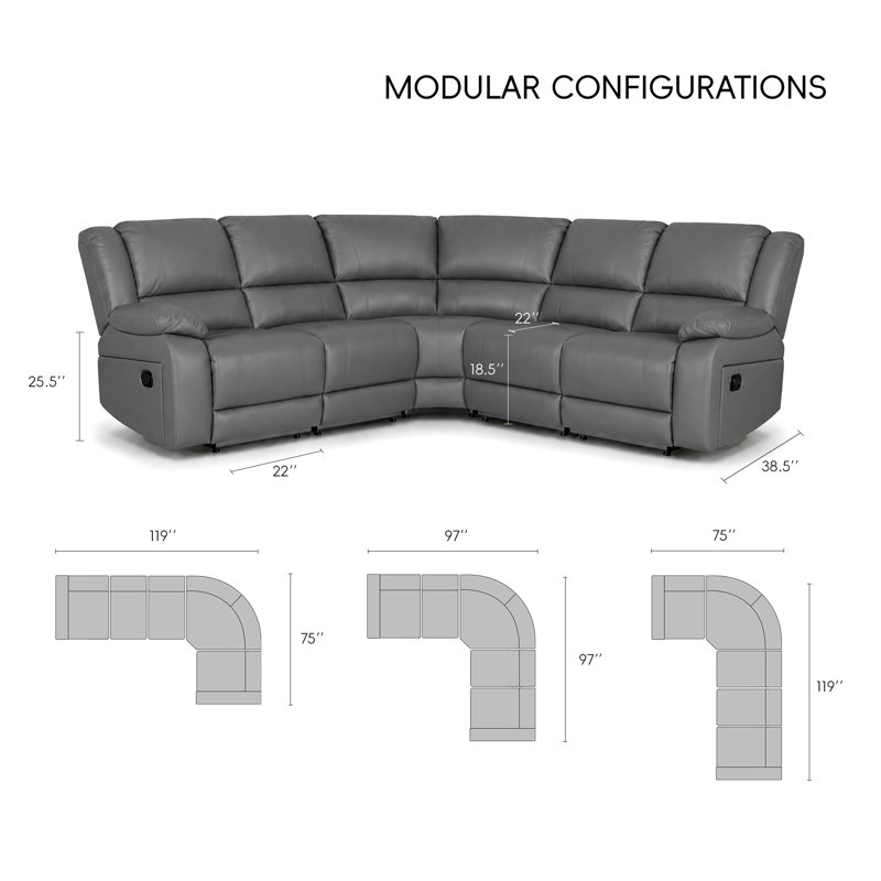 Canapé modulaire inclinable en similicuir 5 pièces avec siège rabattable Talley, Gris
