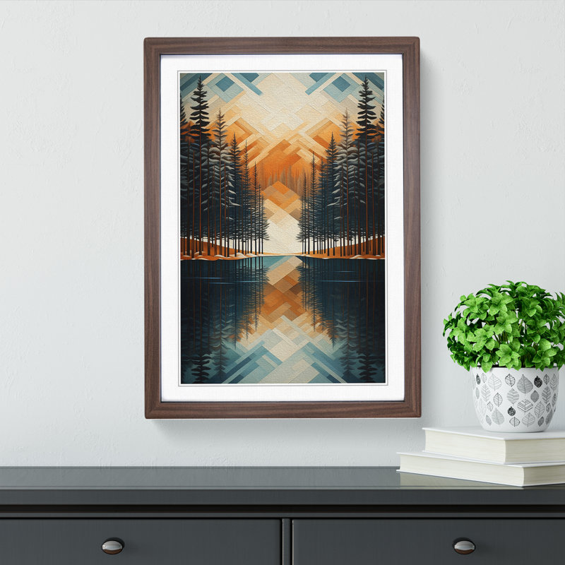 Winter Landscape Geometric No.3 - Single Picture Frame Print on Wood, Walnut, 34cm H x 25cm W x 2cm D