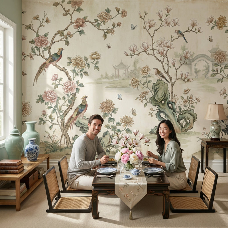 Papier peint floral oiseaux asiatique, Non-Woven Nonpasted, 160 po x 108 po