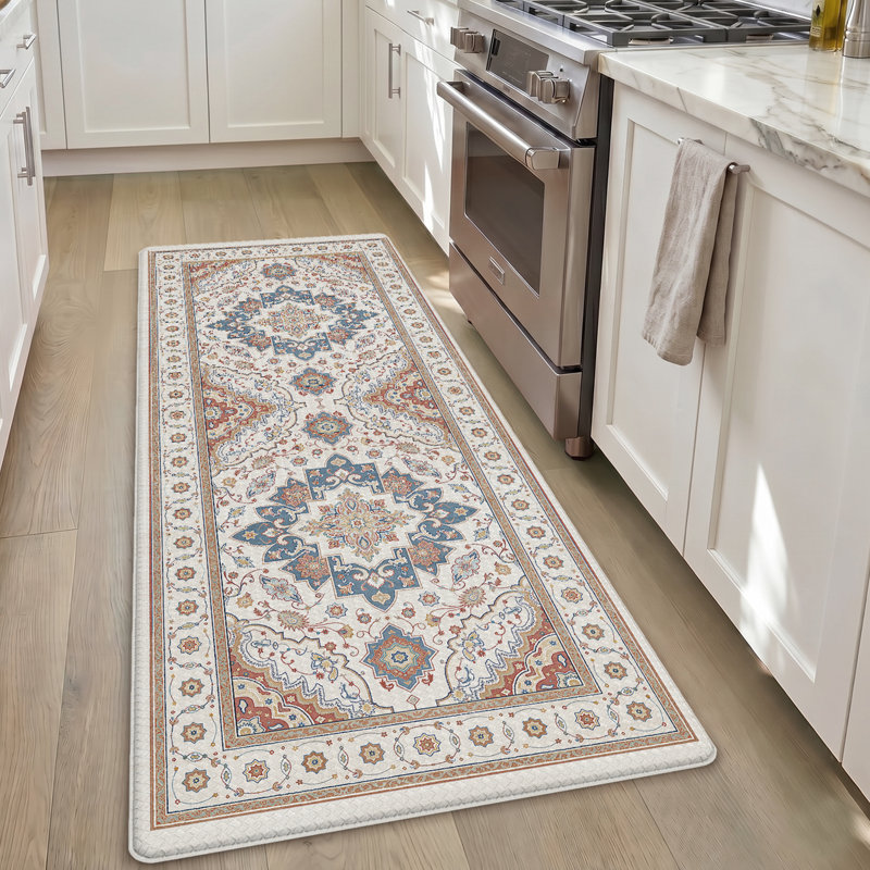 Tapis de cuisine anti-fatigue, Tapis de couloir 2 pi x 4 pi 11 po, Blanc laiteux / bleu