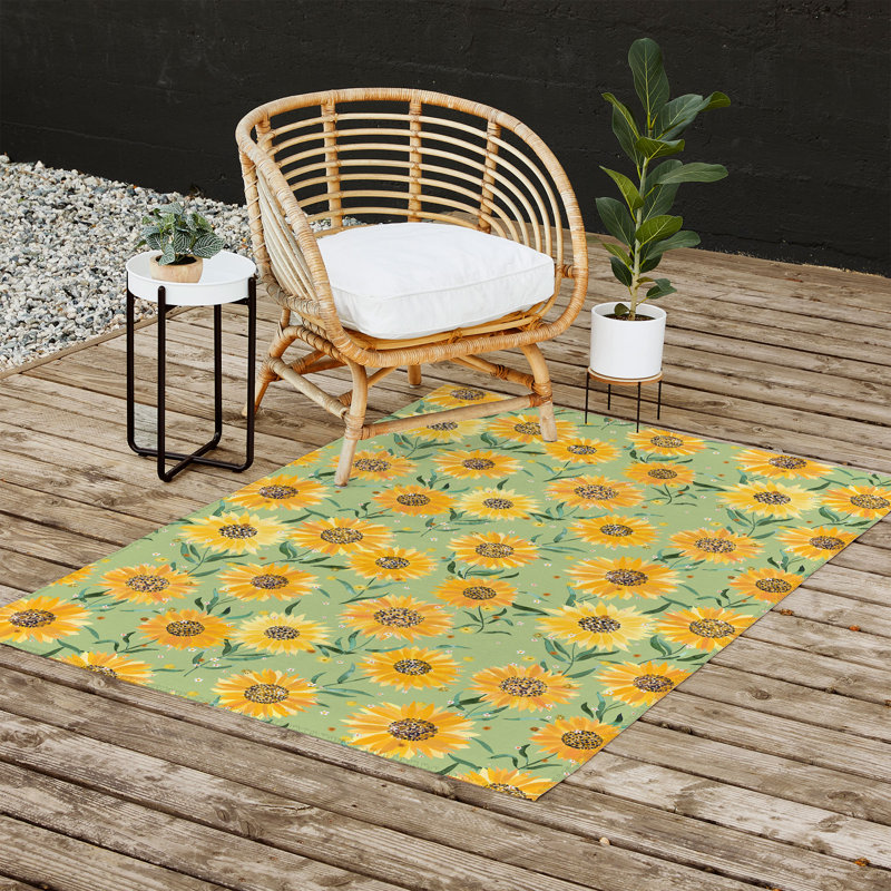 Tapis extérieur vert / jaune en polyester tissé à plat à la machine Rectangle Ashonna, Rectangle 4 pi x 6 pi
