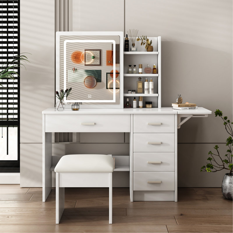 Bureau de coiffeuse Fashion avec miroir et lumières pour le maquillage avec tablettes ouvertes et chaise