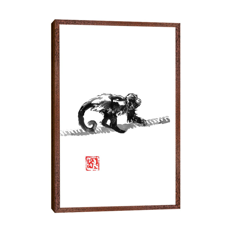 Monkey On The Rope by Péchane - Painting on Canvas, 66.04 cm H x 45.72 cm W, Classic Brown Wood Framed