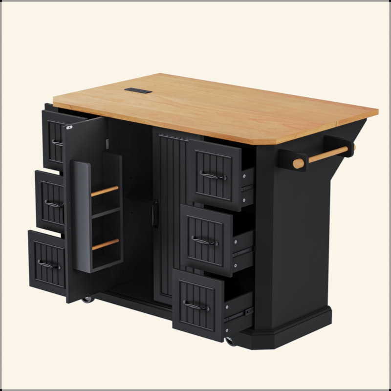 56 Inch Kitchen Island With Rubber Wood Veneer Drop Leaf, Power Outlet, 4 Door Shelves, Embossed Vertical Stripe Rolling Kitchen Cart On 4 Wheels With 6 Deep Drawers For Kitchen, Dining Room