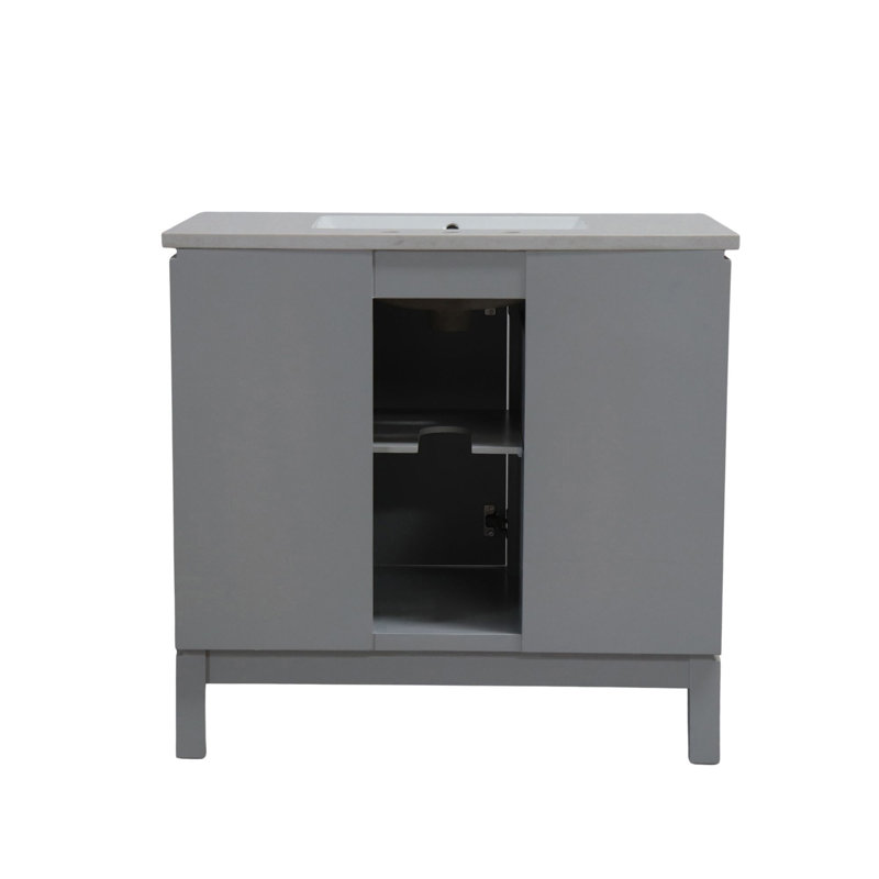 Meuble-lavabo simple avec plateau en quartz, Gris français, Noir mat